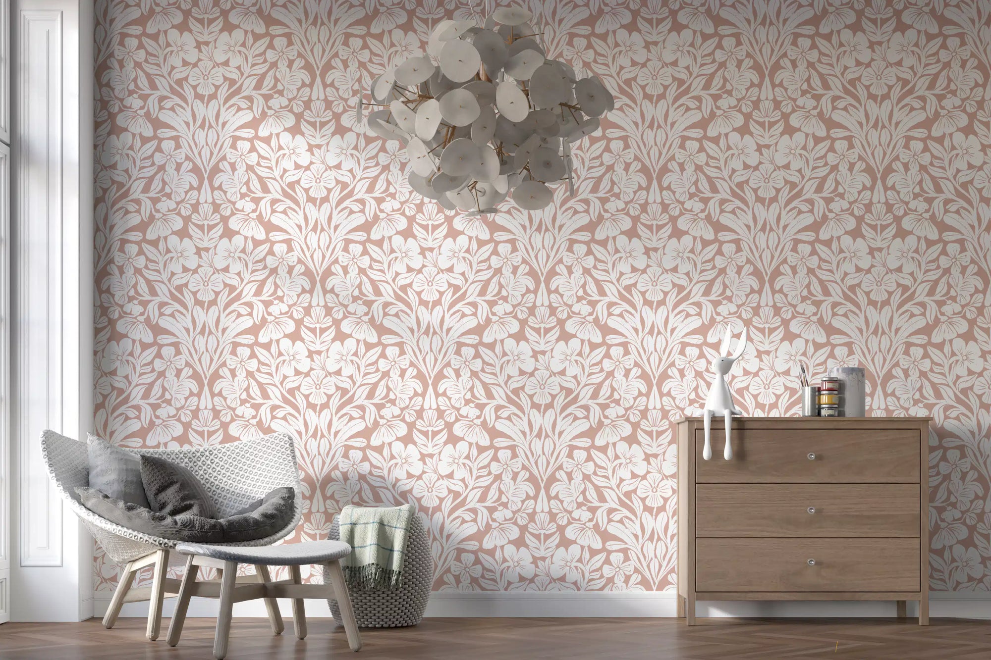 Hallway finished in Vintage Blush Floral Damask wallpaper GD11898