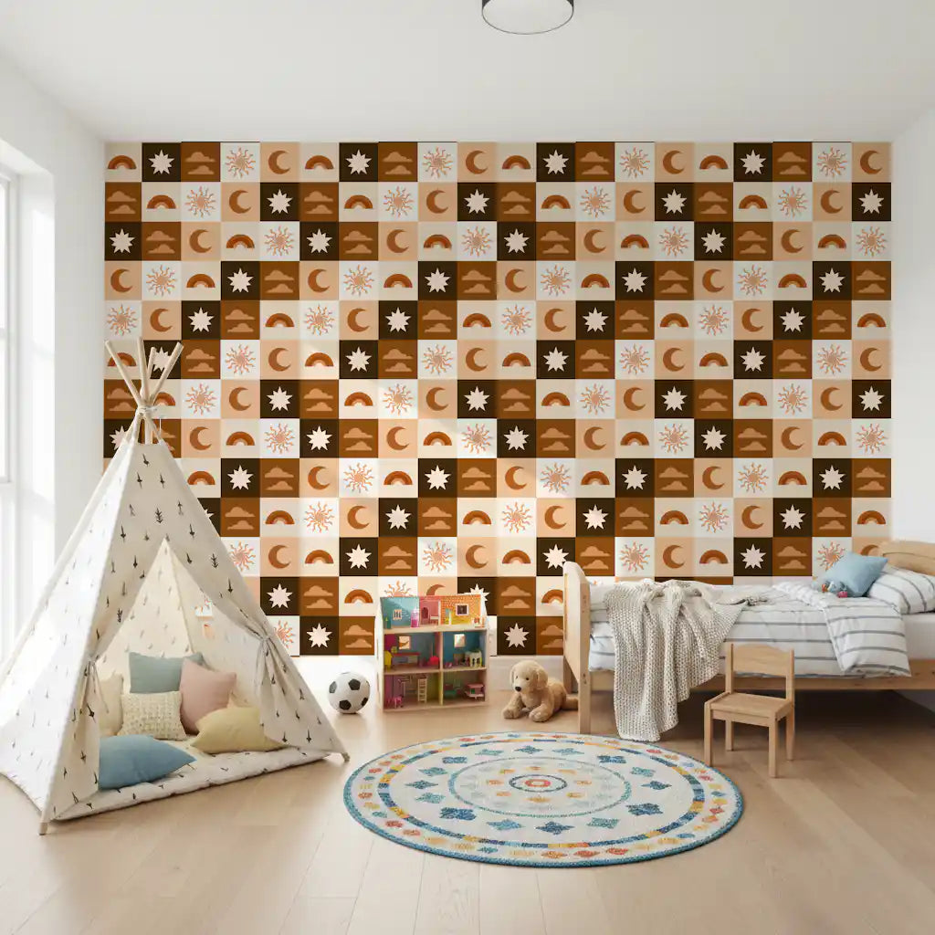 Minimalistisk tapet med firkanter med sol og måne