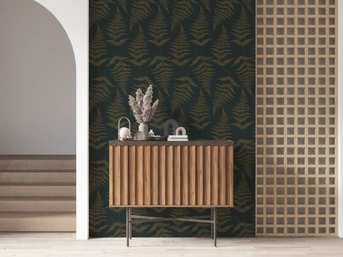 Entryway finished in Golden Fern Botanical Pattern wallpaper GD11900