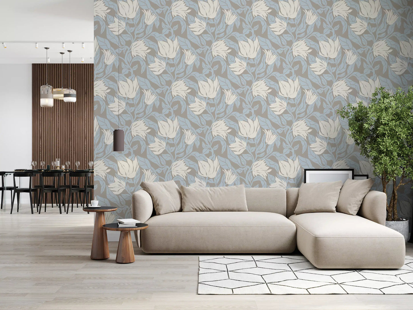 Papel tapiz sereno con bocetos florales en crema y azul