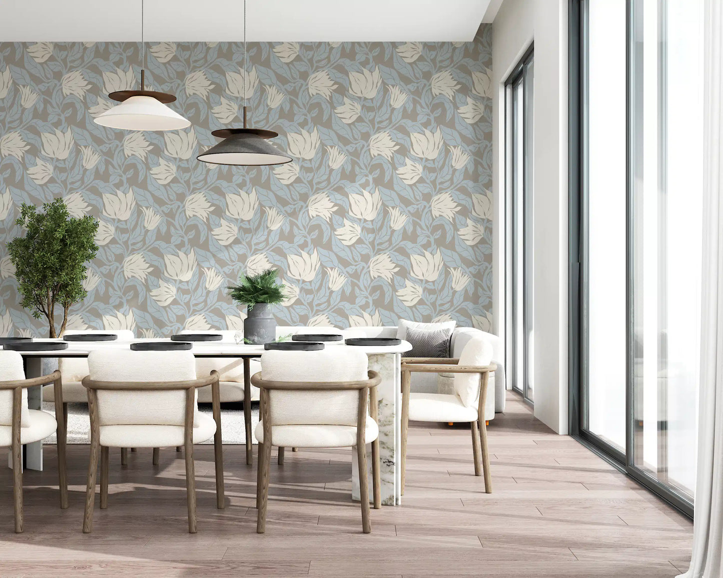 Papel tapiz sereno con bocetos florales en crema y azul