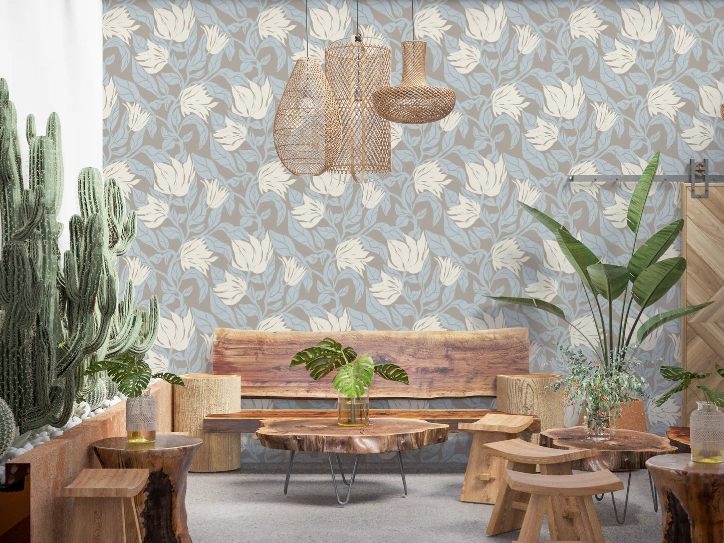 Papel tapiz sereno con bocetos florales en crema y azul