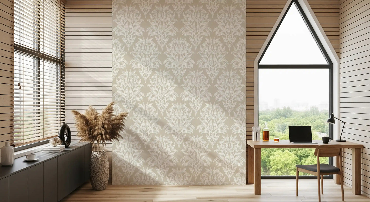Organic Cream Leaf Motif Wallpaper⁠
