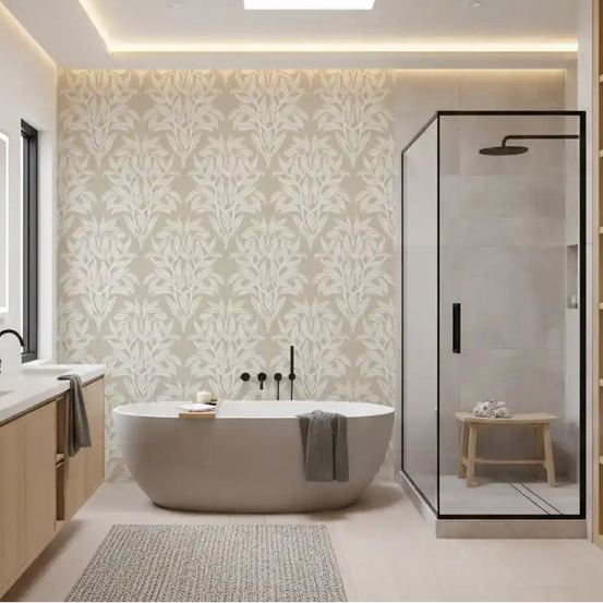 Bathroom feature in Organic Cream Leaf Motif wallpaper, cream foliage on beige GD11910