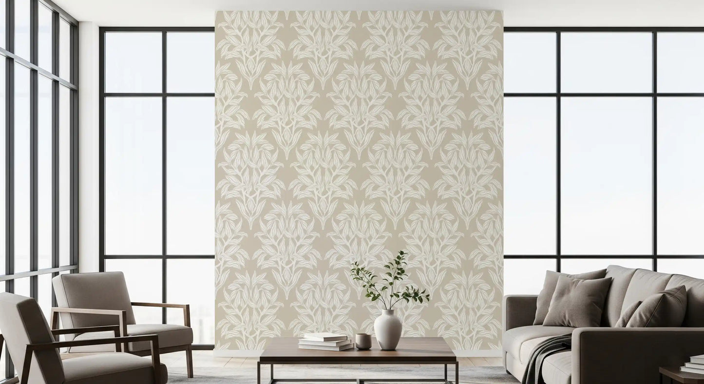 Organic Cream Leaf Motif Wallpaper⁠