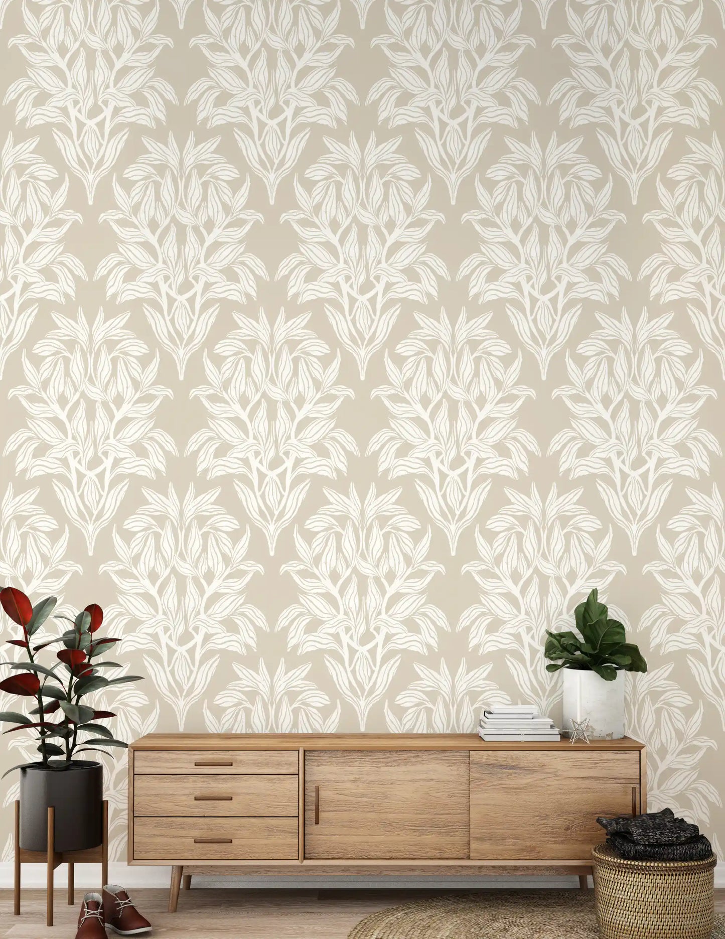 Organic Cream Leaf Motif Wallpaper⁠