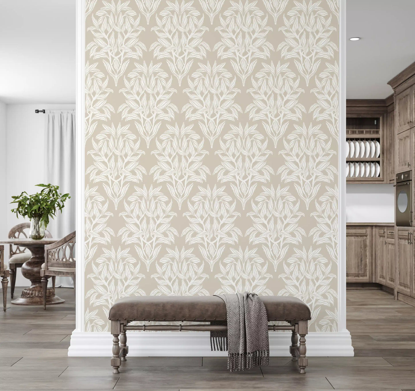 Organic Cream Leaf Motif Wallpaper⁠
