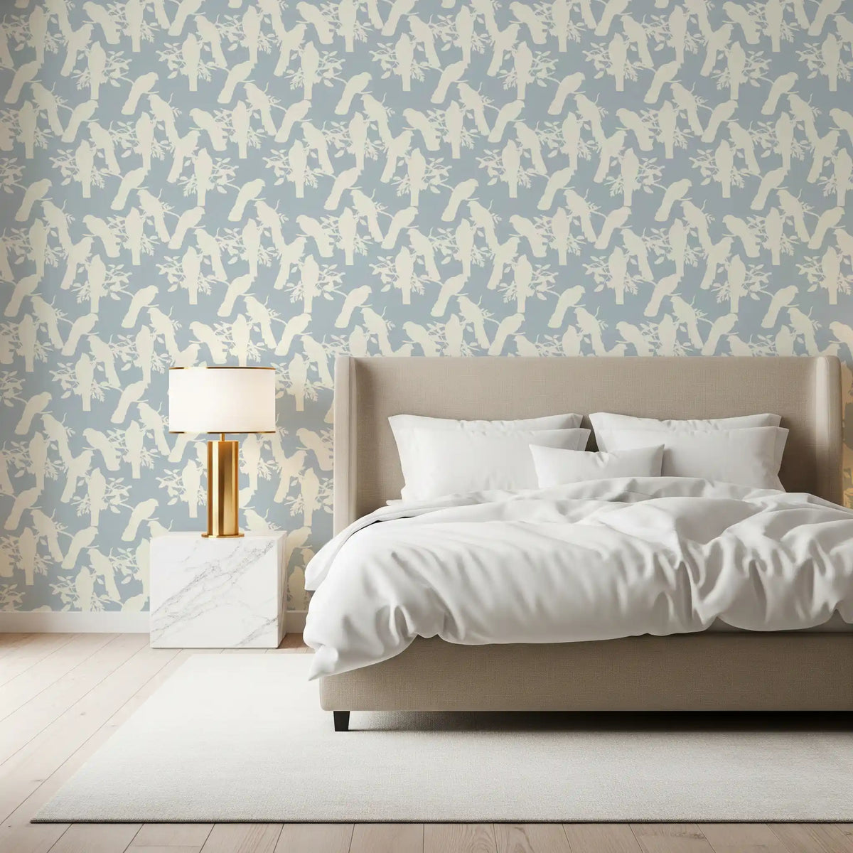 Perched birds rest above a calm bedroom in Minimalist Bird wallpaper GD11918
