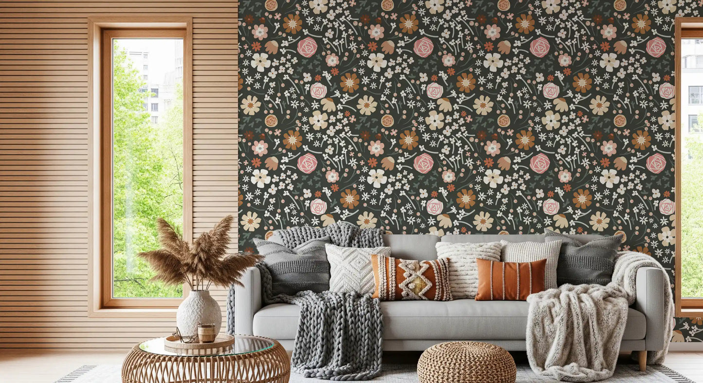 Rustic Meadow Botanical Pattern Wallpaper⁠