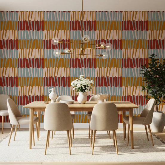 Retro abstract block geometric wallpaper warms a spacious dining room GD11921