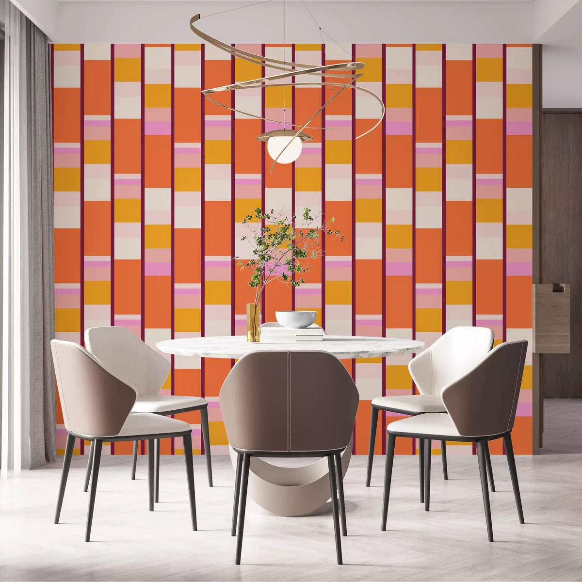 Retro stripe wallpaper warms an open Dining room with orange blocks GD11924