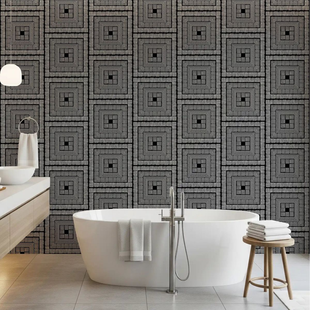 Bathroom set behind graphic square motifs in Linear Square wallpaper GD11928