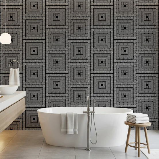 Bathroom set behind graphic square motifs in Linear Square wallpaper GD11928
