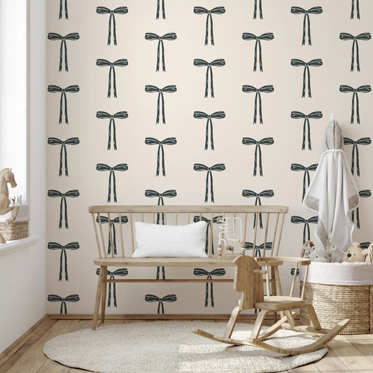 Charcoal bow motif wallpaper spaced across a nursery backdrop, GD11929