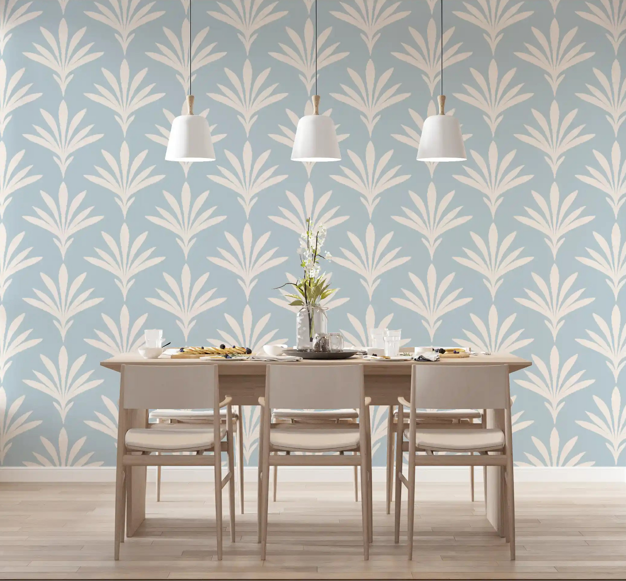 Cream fan leaf pattern wallpaper freshens an airy dining room GD11931