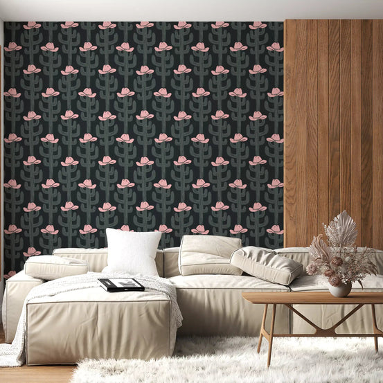 Living room dressed in Western Cactus and Cowboy Hat wallpaper GD11935