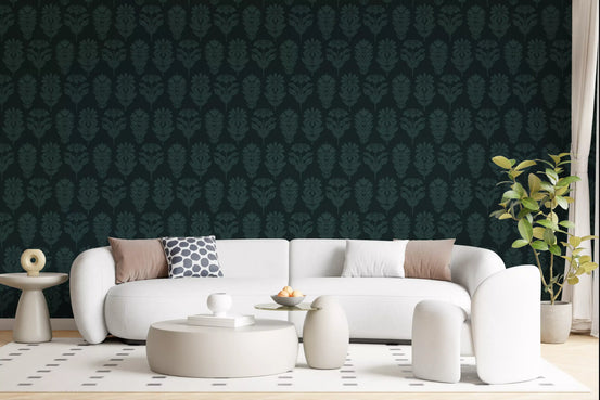 Living room dressed in the Midnight Botanical Block Print wallpaper GD11936