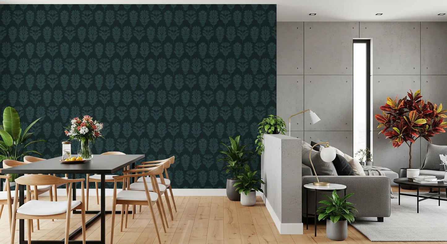 Papier peint botanique imprimé au bloc, motif minuit