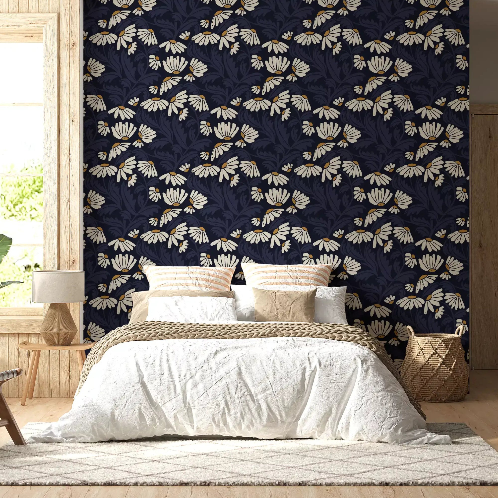 Cream daisies over midnight navy behind a restful bedroom, Folk Meadow wallpaper GD11937