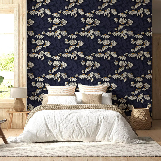 Cream daisies over midnight navy behind a restful bedroom, Folk Meadow wallpaper GD11937
