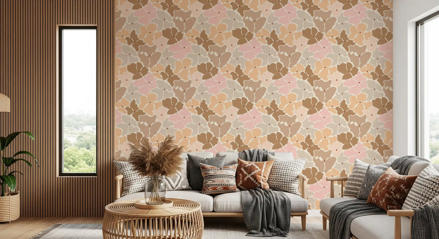 Carta da parati a mosaico di petali dalle tonalità naturali e delicate