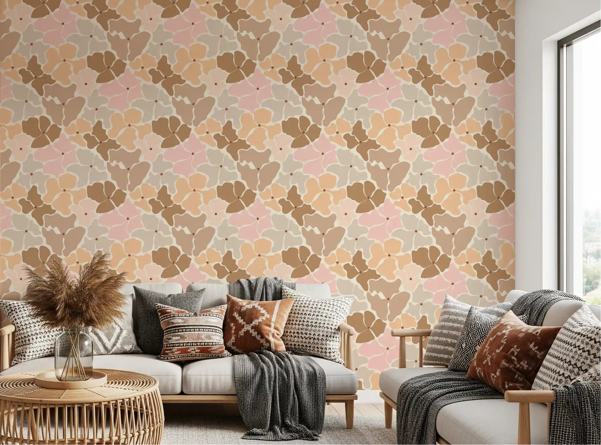 Blush petal mosaic wallpaper warming a living room backdrop, GD11939
