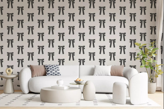 Charcoal bow wallpaper spanning a calm living room, GD11940