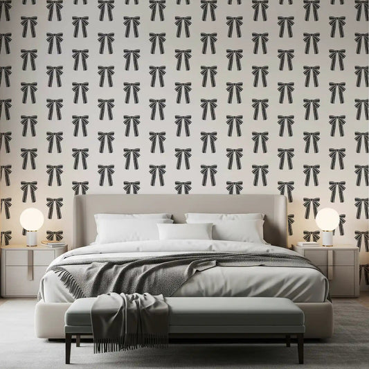 Ribbon bows repeat over the bedroom in Charming Bow wallpaper, GD11940