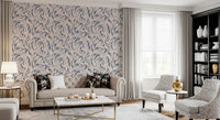 Cream and Blue Flowing Leaf Pattern Wallpaper⁠