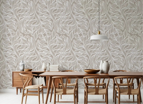 Dining room glowing against taupe Serene Linear Foliage wallpaper GD11942