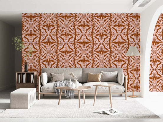 Rustikt terrakottafarvet blomstret geometrisk tapet