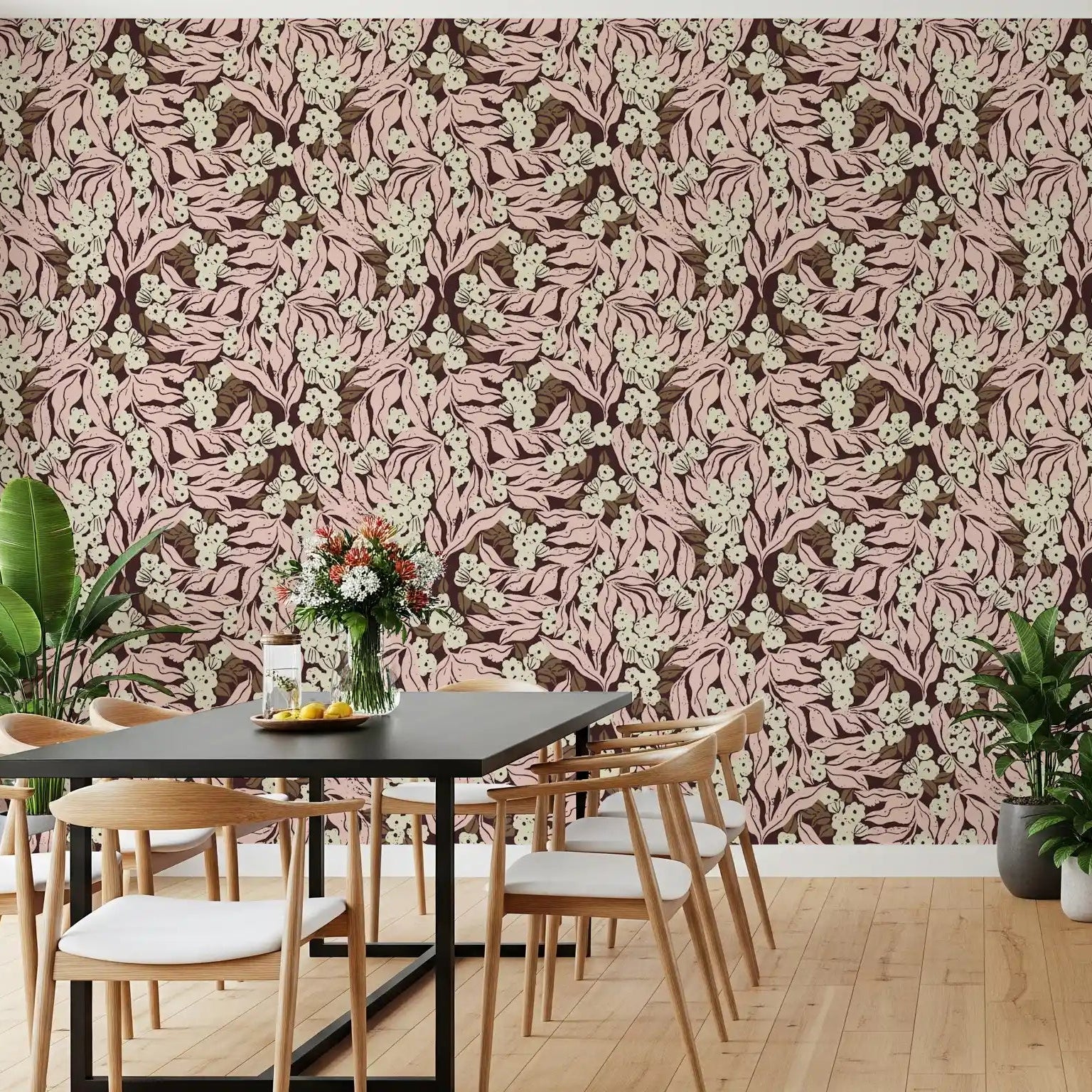 Dining room styled in Soft Pink Garden Foliage wallpaper florals GD11945