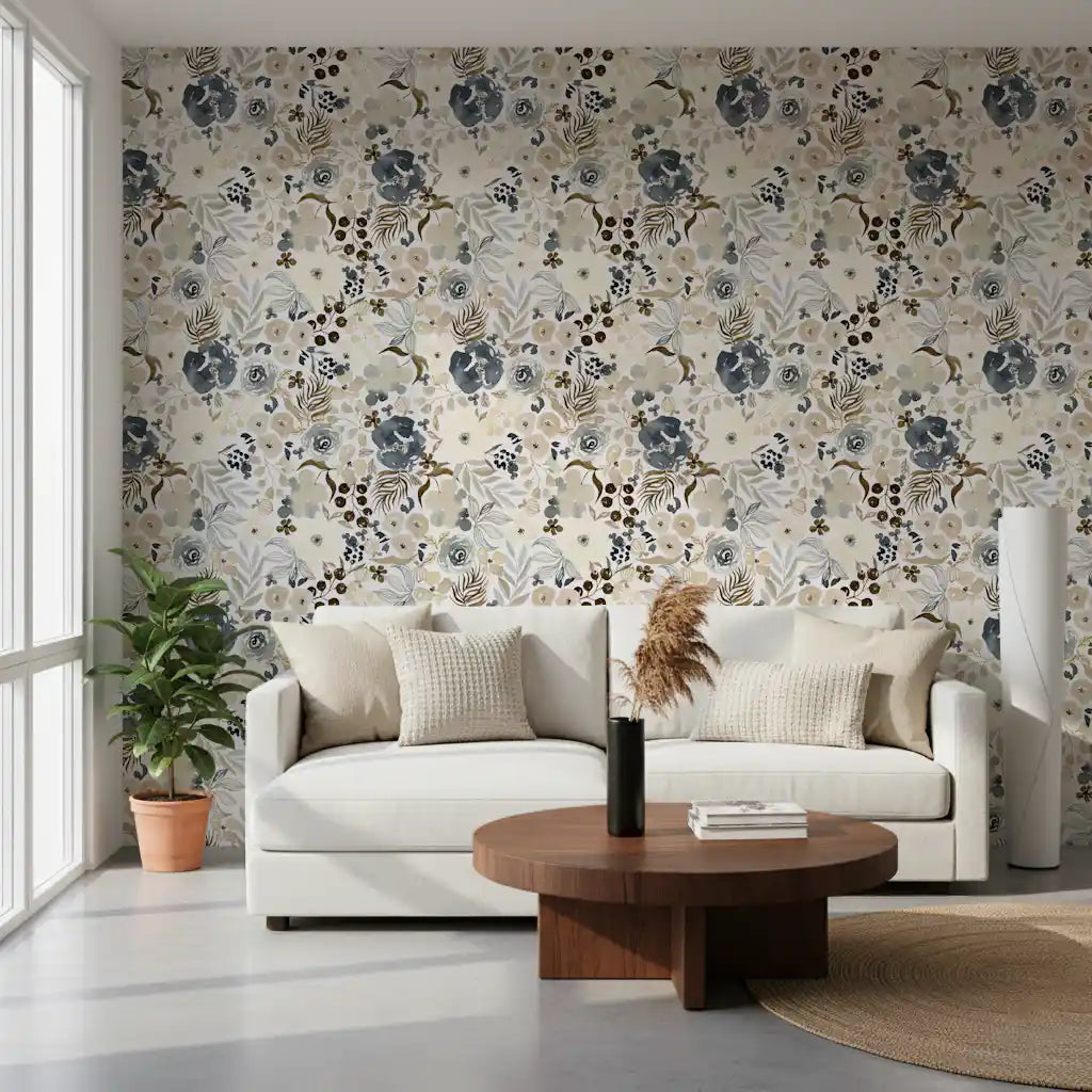 Tapet med neutrale akvarelblomster