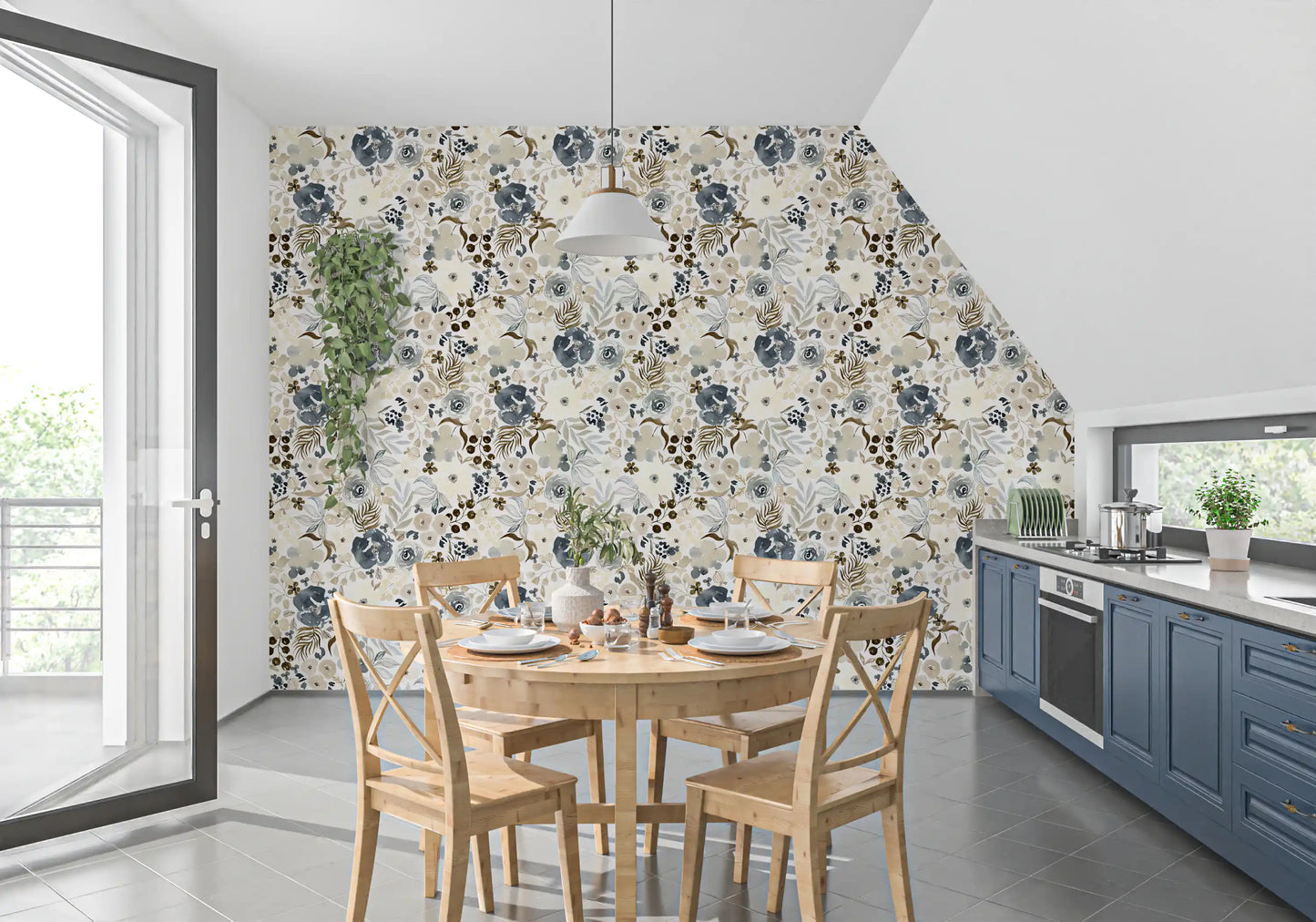 Tapet med neutrale akvarelblomster