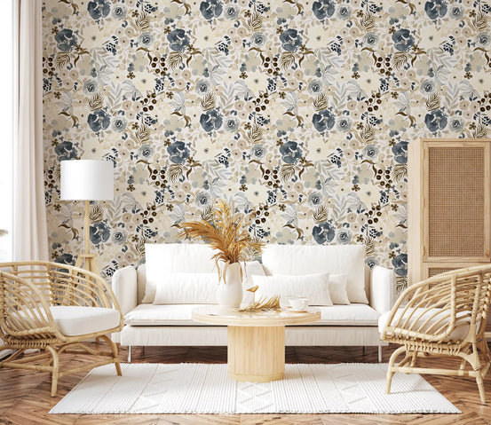 Neutral watercolor wallpaper warms a living room in navy and beige blooms GD11948
