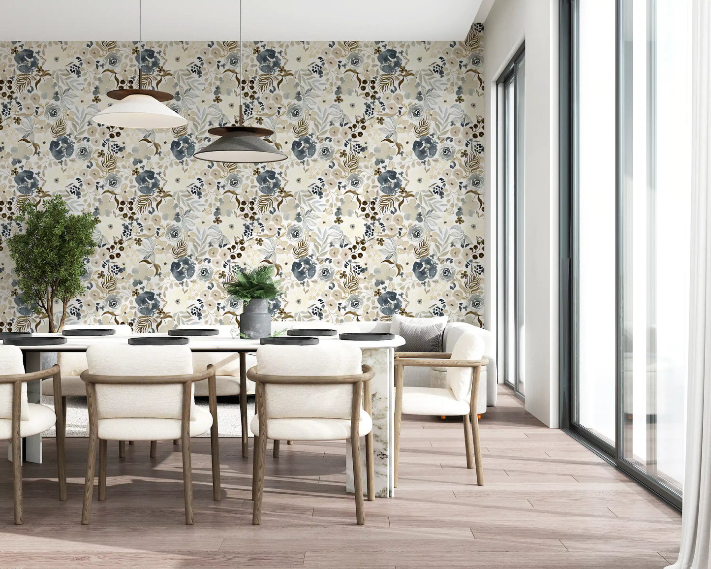 Tapet med neutrale akvarelblomster