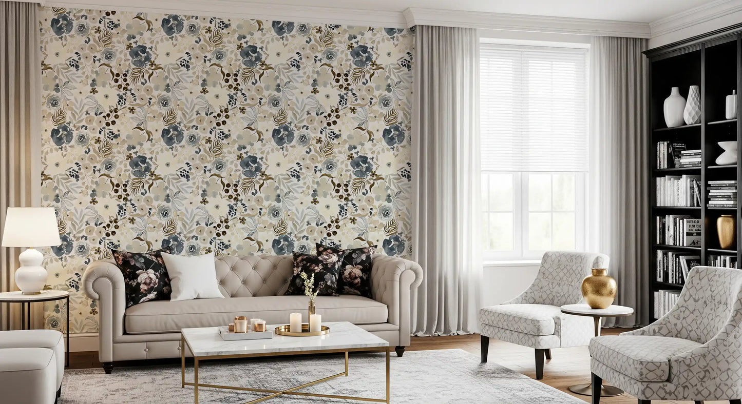 Tapet med neutrale akvarelblomster