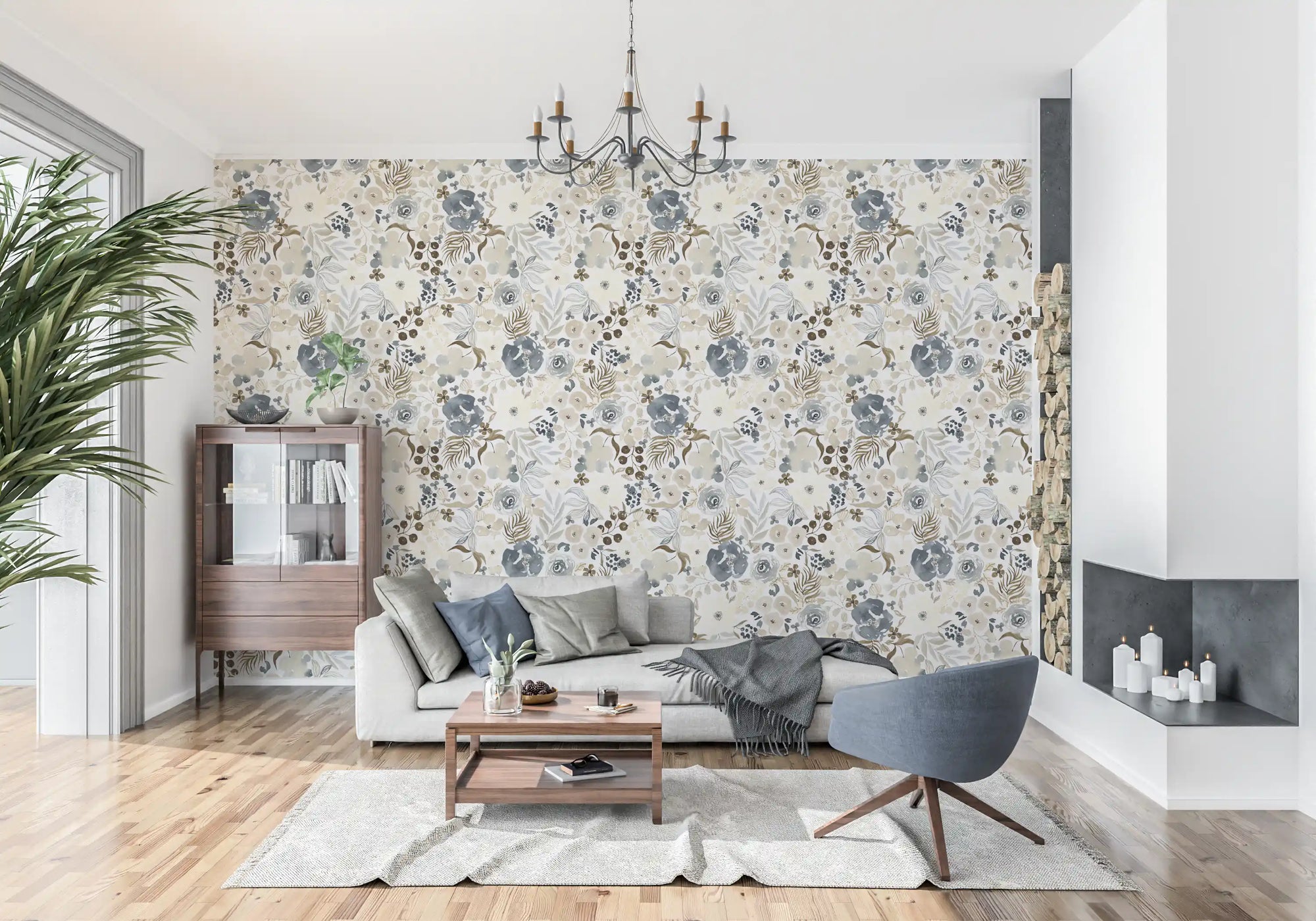 Tapet med neutrale akvarelblomster