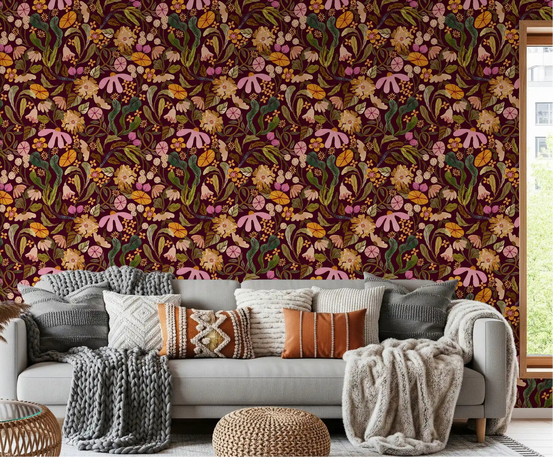 Vintage botanical wallpaper spreads flowers behind a warm living room, GD11949