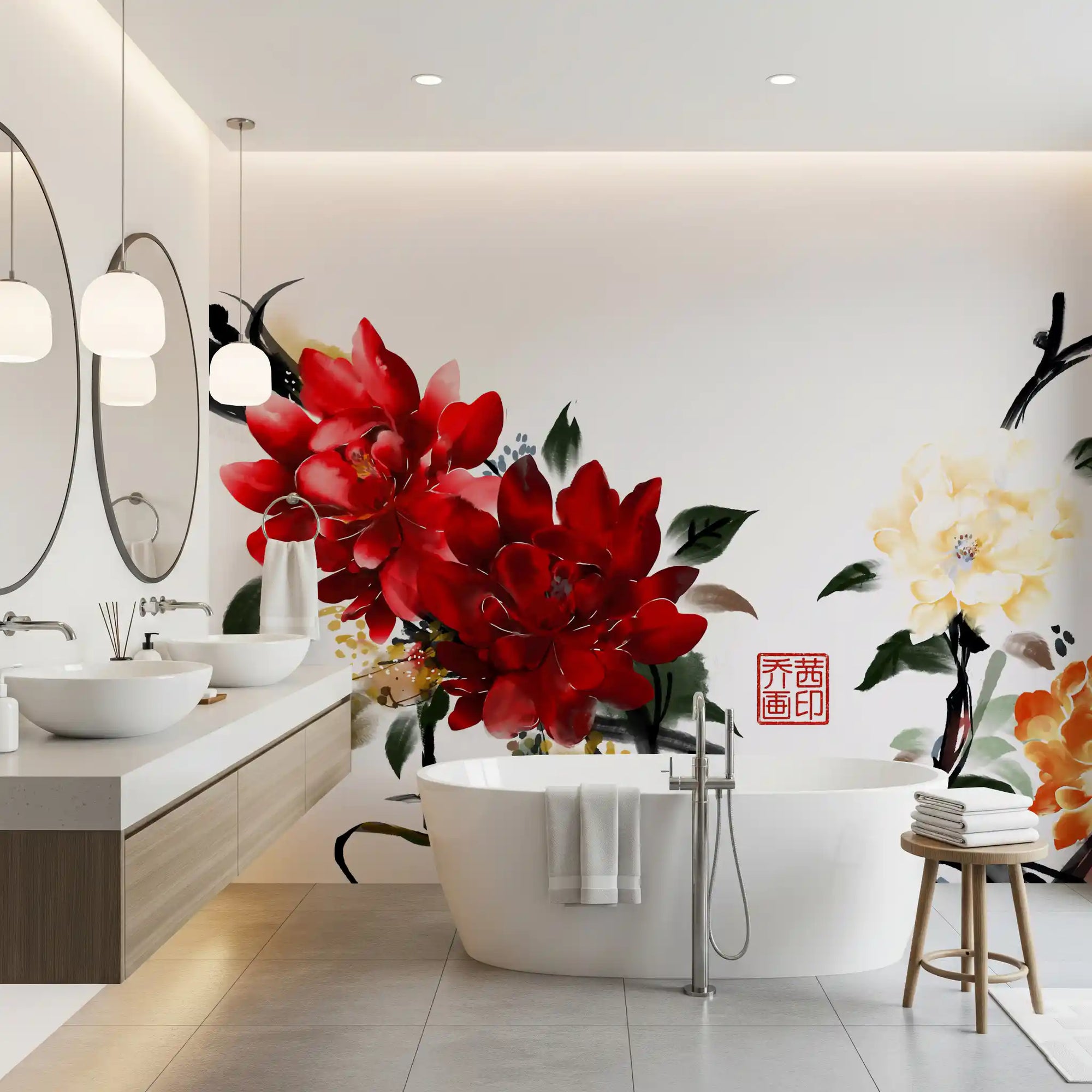Bathroom styled with the Zen Garden Peony Brushwork wall mural in red branches GD11950
