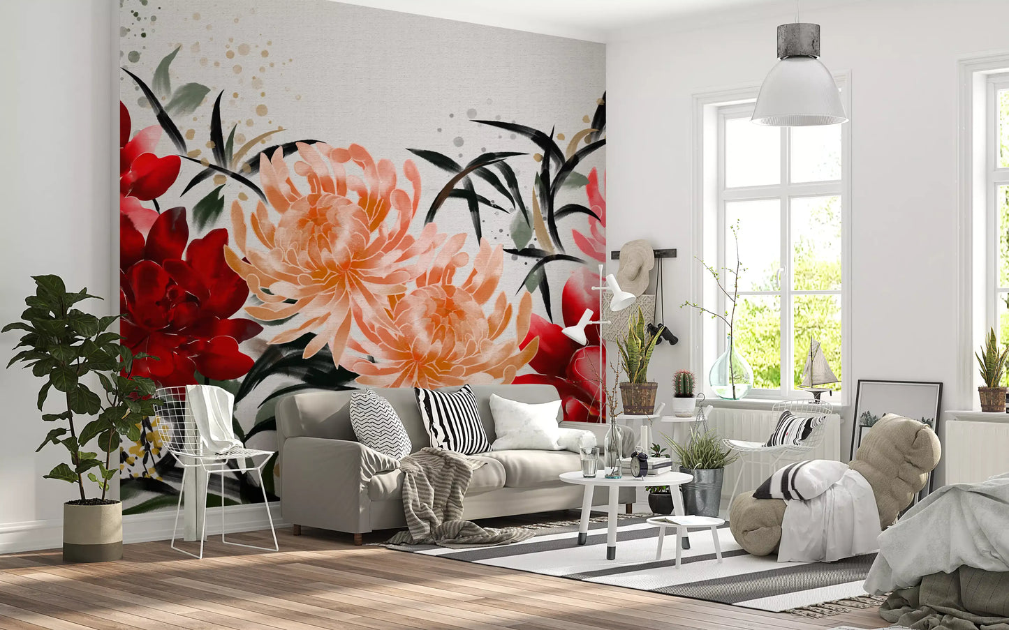 Wandbild mit karminroten und pfirsichfarbenen Blumen in Tuschewaschoptik