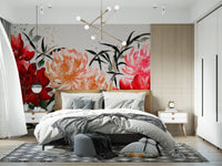 Wandbild mit karminroten und pfirsichfarbenen Blumen in Tuschewaschoptik