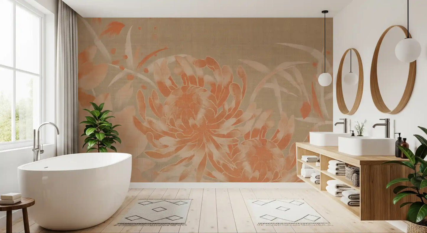 Minimalistische Wandtapete mit gemalter Chrysantheme