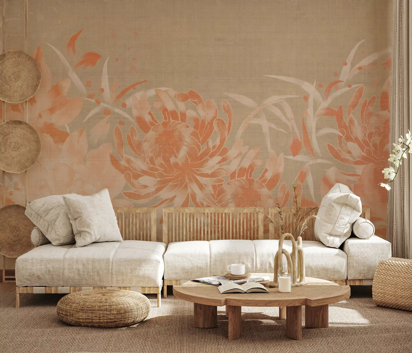 Minimalistische Wandtapete mit gemalter Chrysantheme
