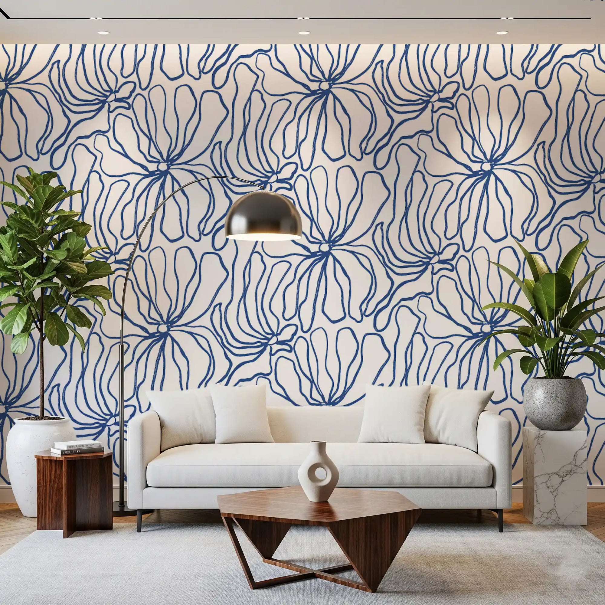 Blue bloom wallpaper lining a modern living room GD11954