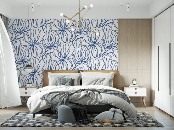 Minimalistisk tapet med blå konturblomster