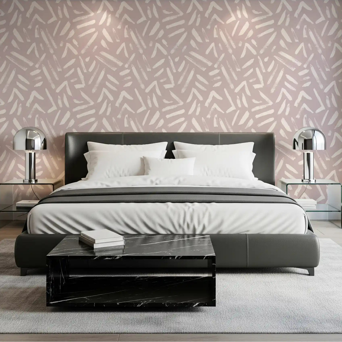 Blush brushstroke wallpaper warms a bedroom with cream and dusty rose GD11958
