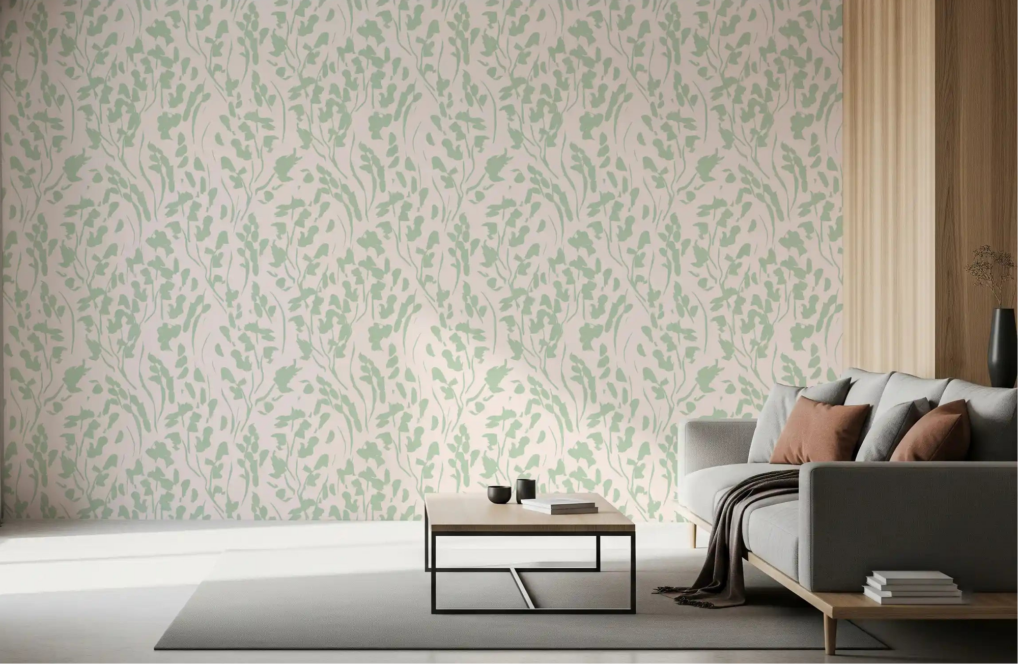 Sage leaves warm a living room dressed in Botanical Brushstrokes wallpaper GD11961
