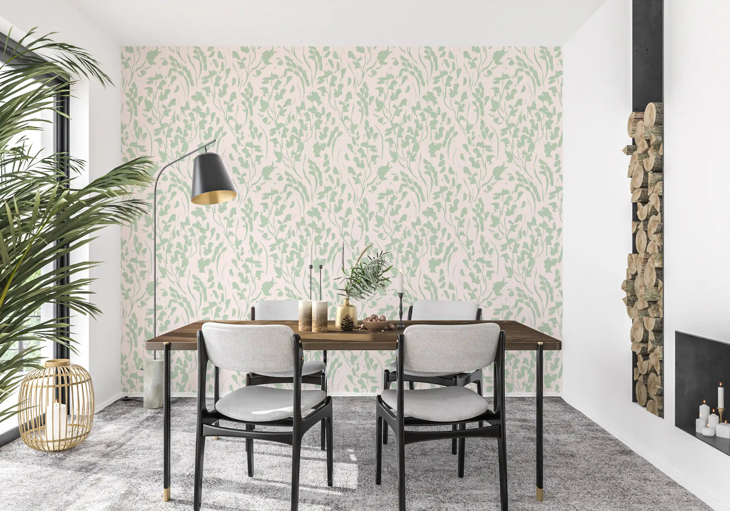 Tapet med bløde botaniske penselstrøg i salviegrøn velour нюances