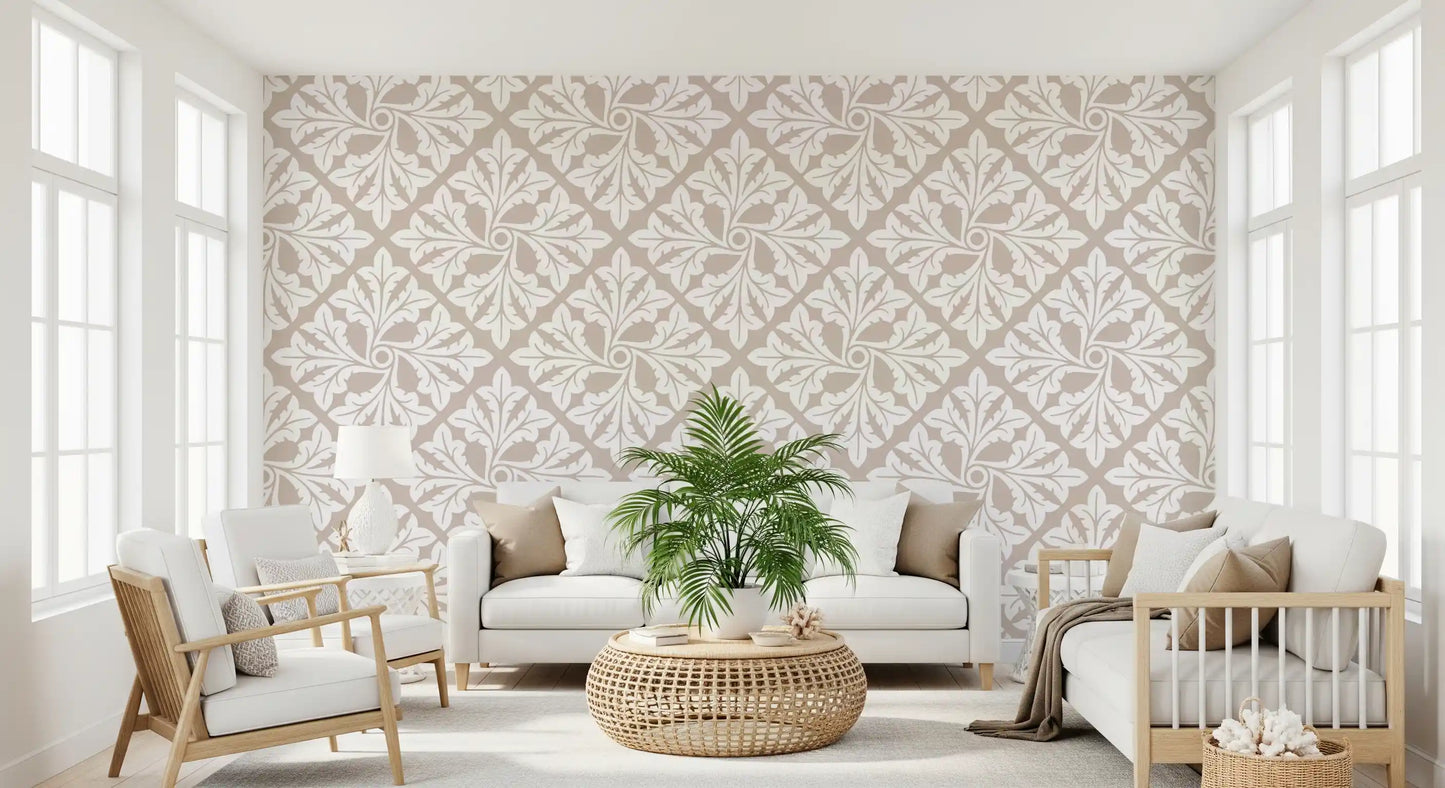 Beige Acanthus Leaf Damask Wallpaper⁠